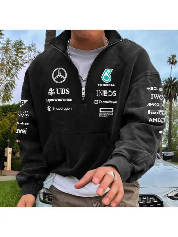 Men's Vintage Racing Car Print Zip-up Stand Collar Sweatshirt - Localziv.com 