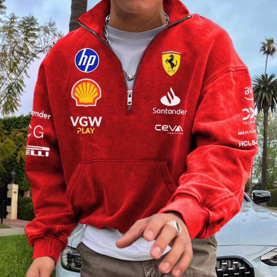 

Men's Vintage Racing Car Print Zip-up Stand Collar Sweatshirt