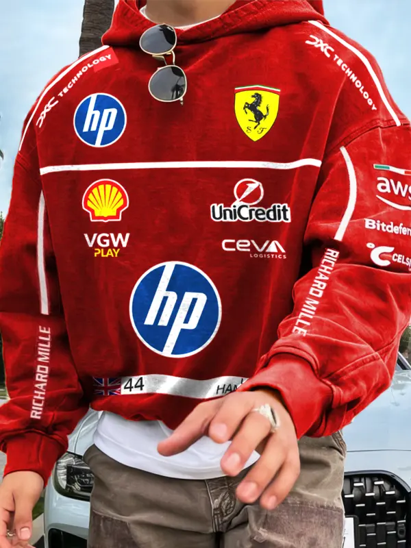 Men's 2025 Newest Retro Racing Print Red Oversized Hoodie - Pragmaace.com 