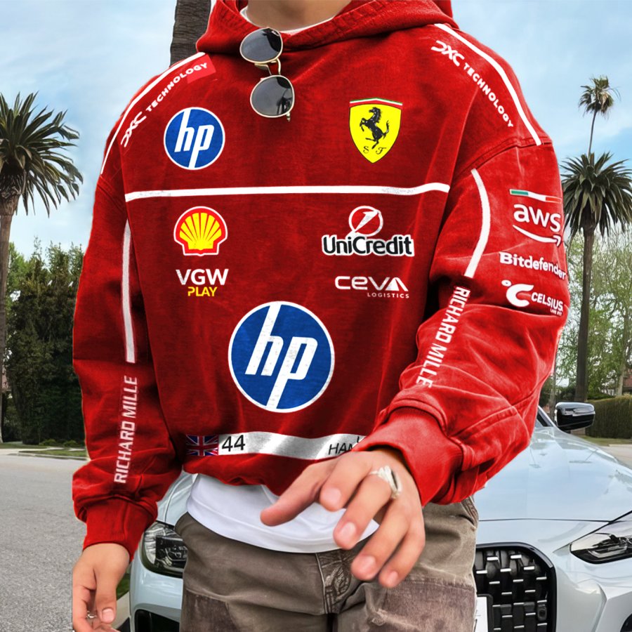 

Men's 2025 Newest Retro Racing Print Red Oversized Hoodie