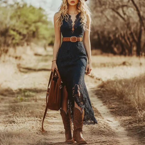 Vintage Bohemian Blue Lace Sleeveless Midi Dress - Zivinfo.com 