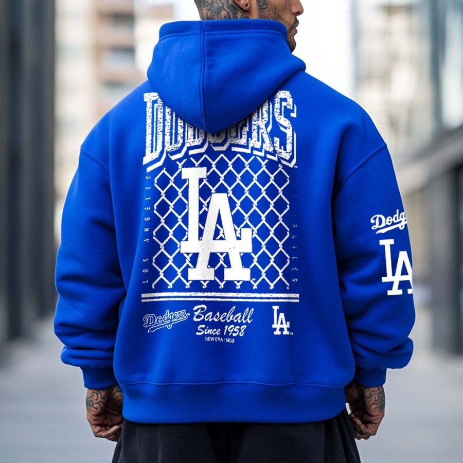 

Unisex Baseball Grid Since 1958 Print Pocket Vintage Long Sleeve Oversized Blue Hoodie