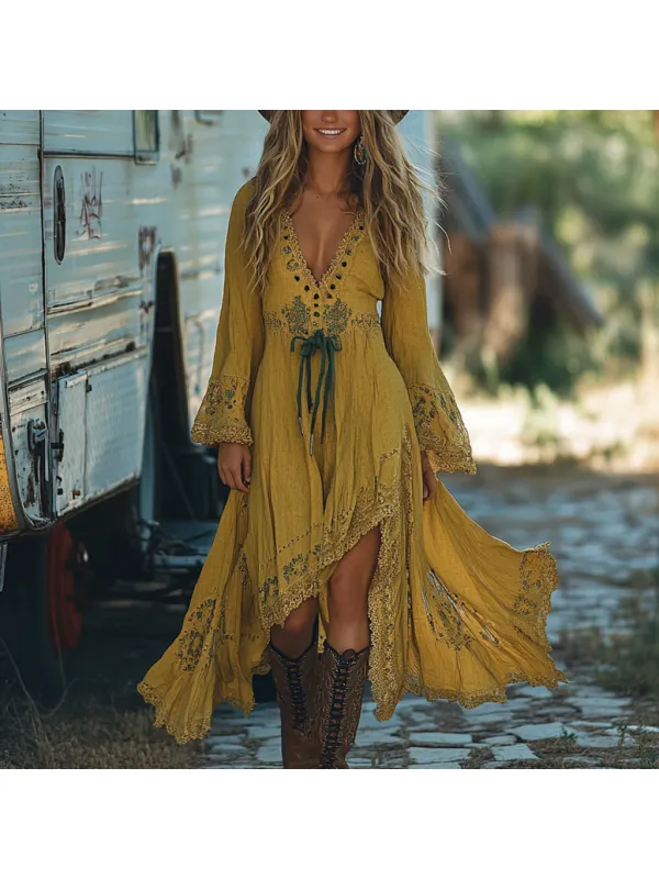 Western Cowgirl Floral Ethnic Print Lace-up Vintage Dress - Ootdmw.com 
