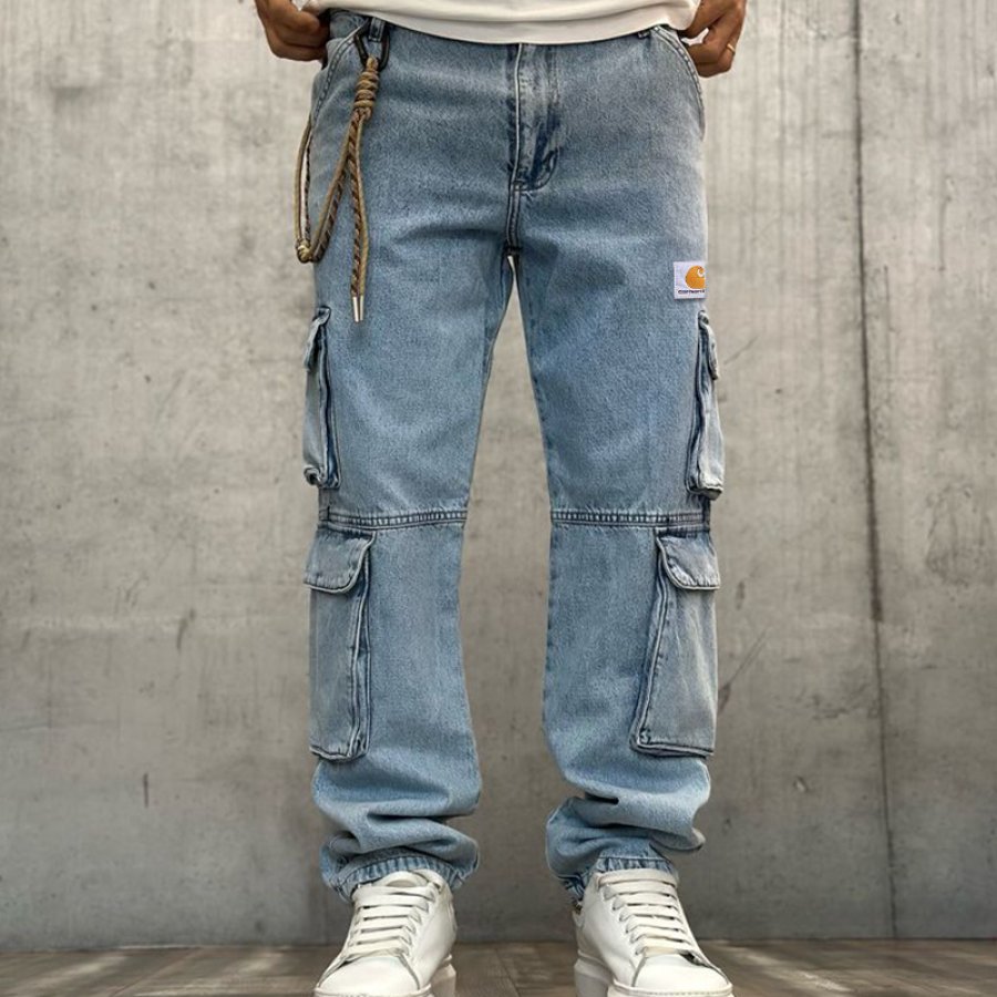 

Men's Vintage Washing Blue Cargo Pants With Utility Pockets