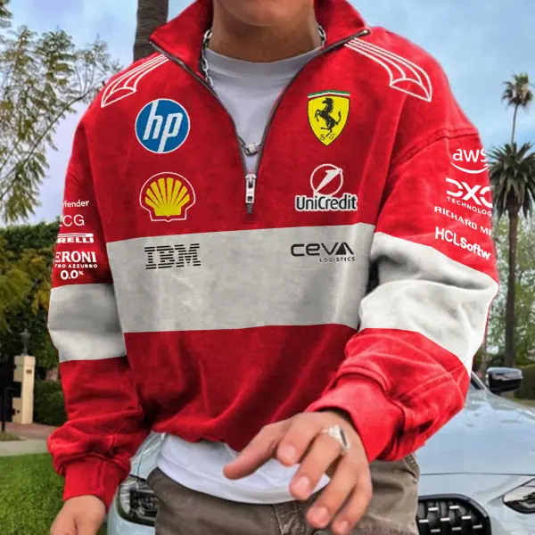Men's 2025 Newest Retro Racing Print Rad Oversized Half Zip Collar Sweatshirt - Cotosen.com 