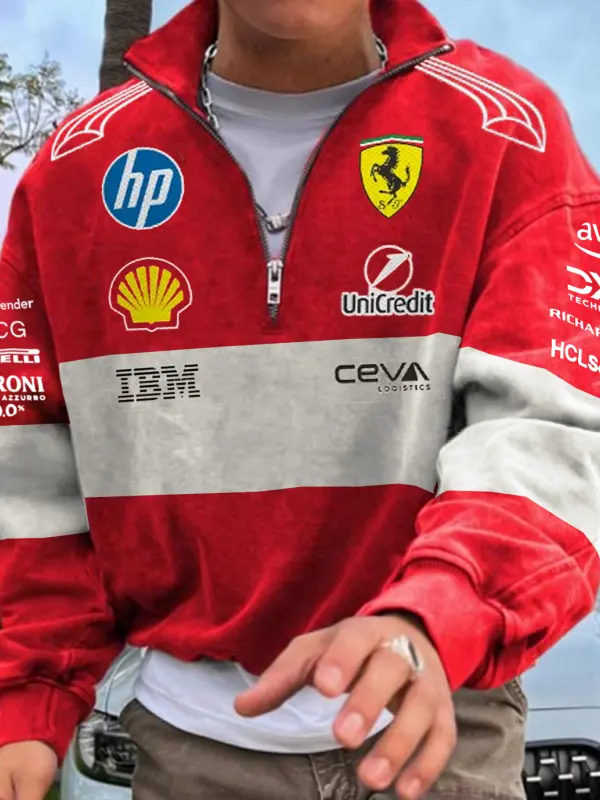 Men's 2025 Newest Retro Racing Print Rad Oversized Half Zip Collar Sweatshirt - Menbarn.com 