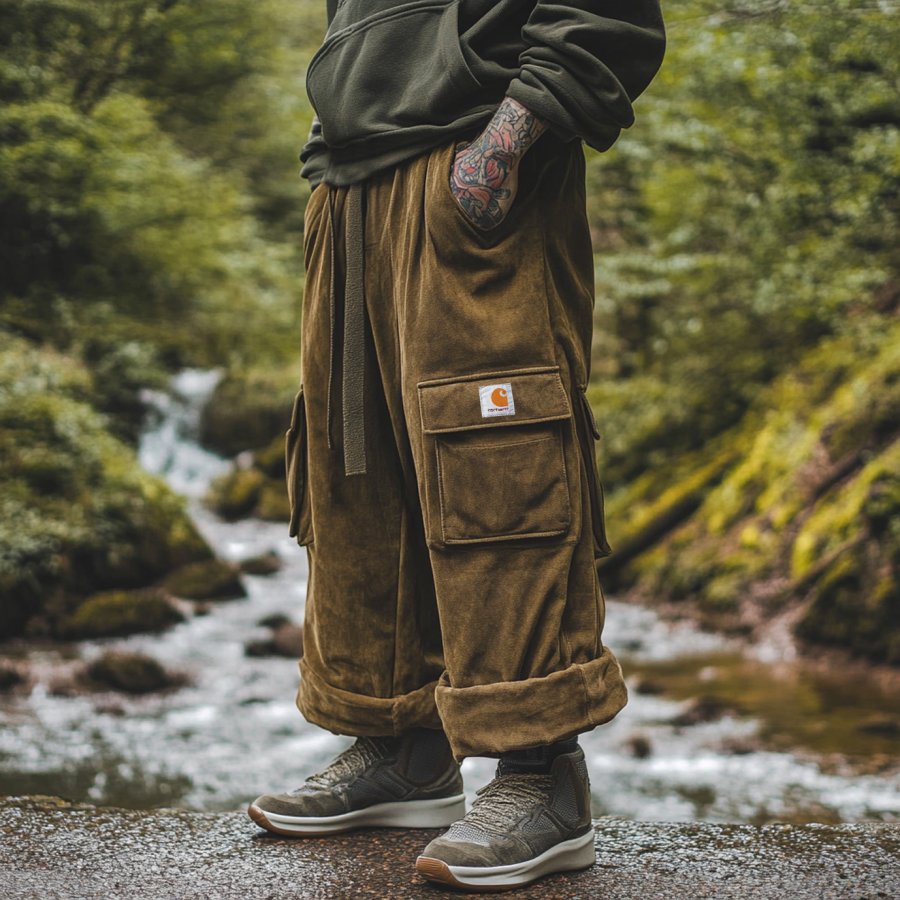 

Men's Vintage Outdoor Multi-Pocket Drawstring Brown Suede Cargo Pants Joggers