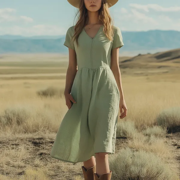Elegant Olive Green Midi Dress With Bohemian Charm - Ootdyouth.com 