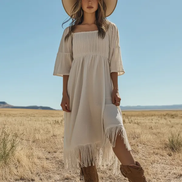 Bohemian Fringe Dress With Wide Brim Hat - Ootdyouth.com 