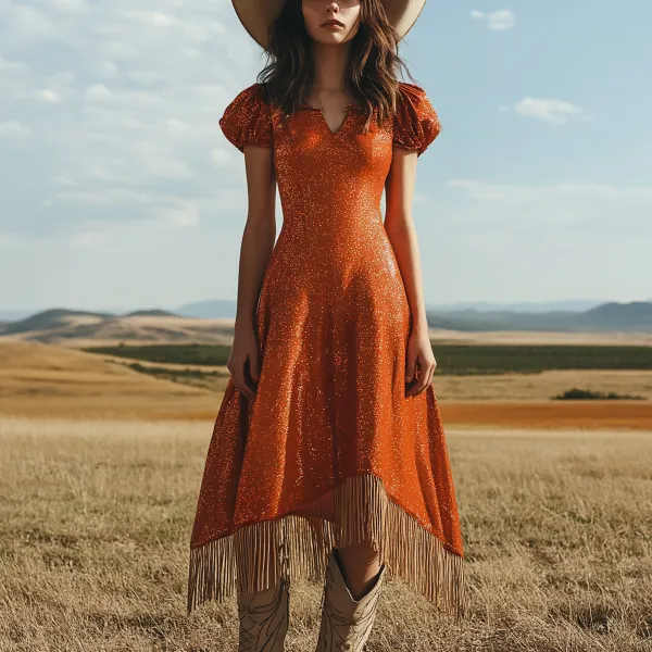 Bohemian Elegance: Sparkling Orange Dress With Fringe Details - Ootdyouth.com 