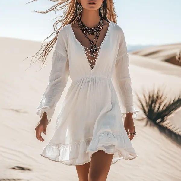 Boho V Neck Cotton And Linen Long Sleeve Mini Dress - Ootdyouth.com 