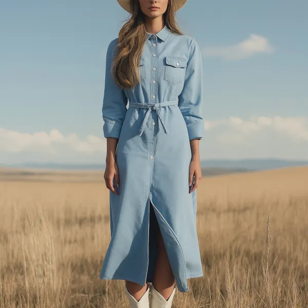 Elegant Denim Dress With Waist Tie In A Prairie Landscape - Ootdyouth.com 