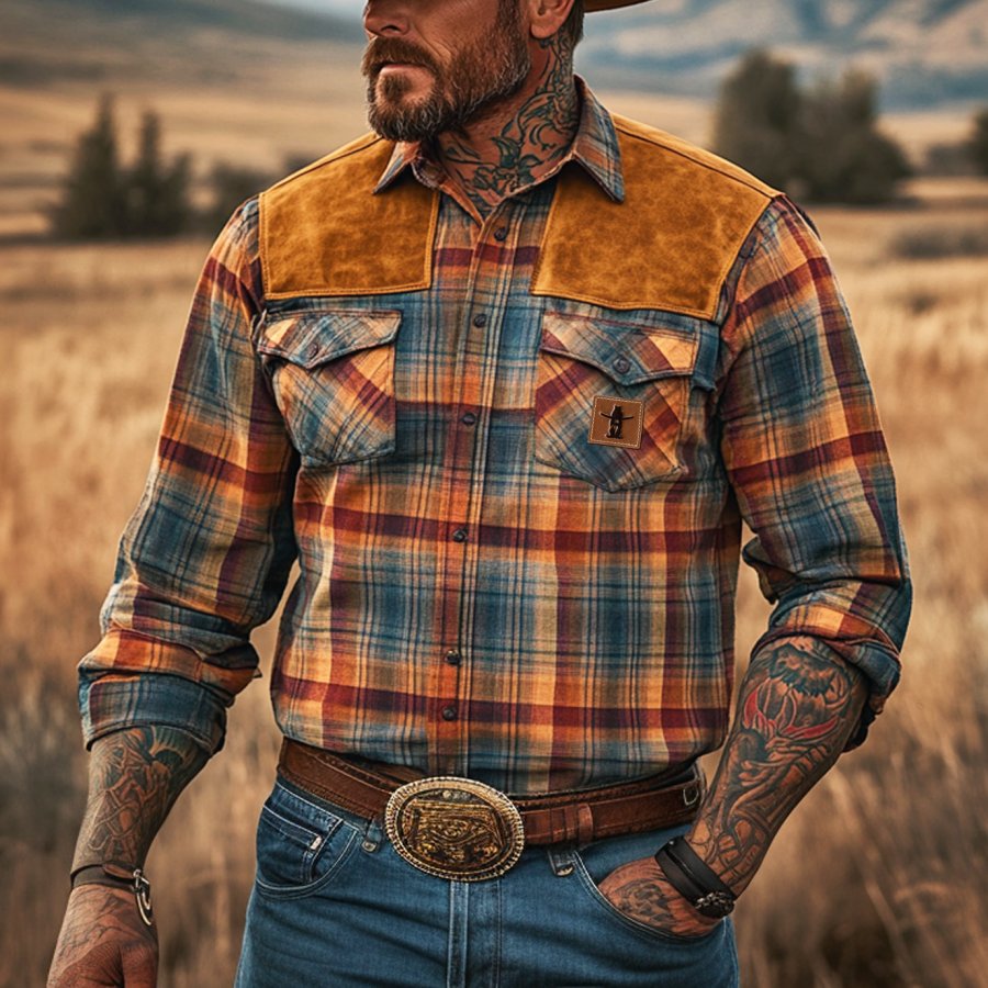 

Men's Vintage Western Style Plaid Fabric Patchwork Suede Long Sleeve Casual Shirt