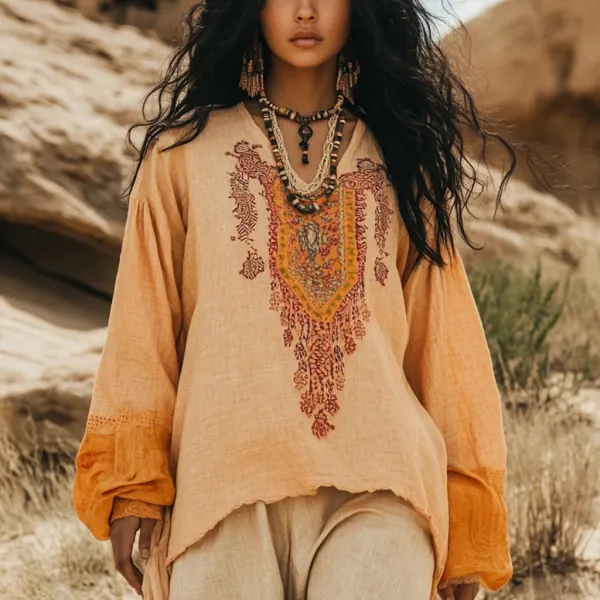 Desert Style Holiday Bohemian Vintage Linen Casual Top - Ootdyouth.com 