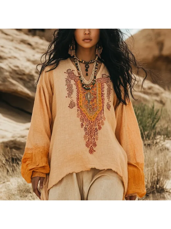 Desert Style Holiday Bohemian Vintage Linen Casual Top - Localziv.com 