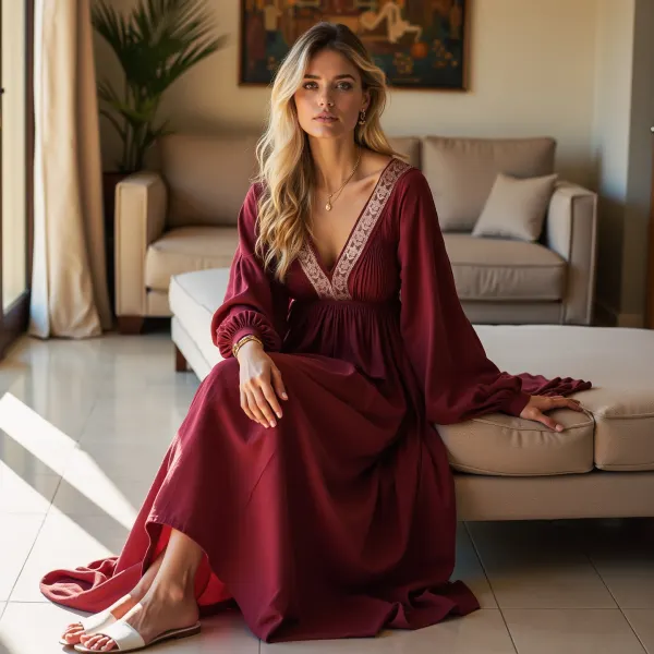 Ladies Casual Loose Lace Decoration Long Sleeve Long Dress - Ootdyouth.com 