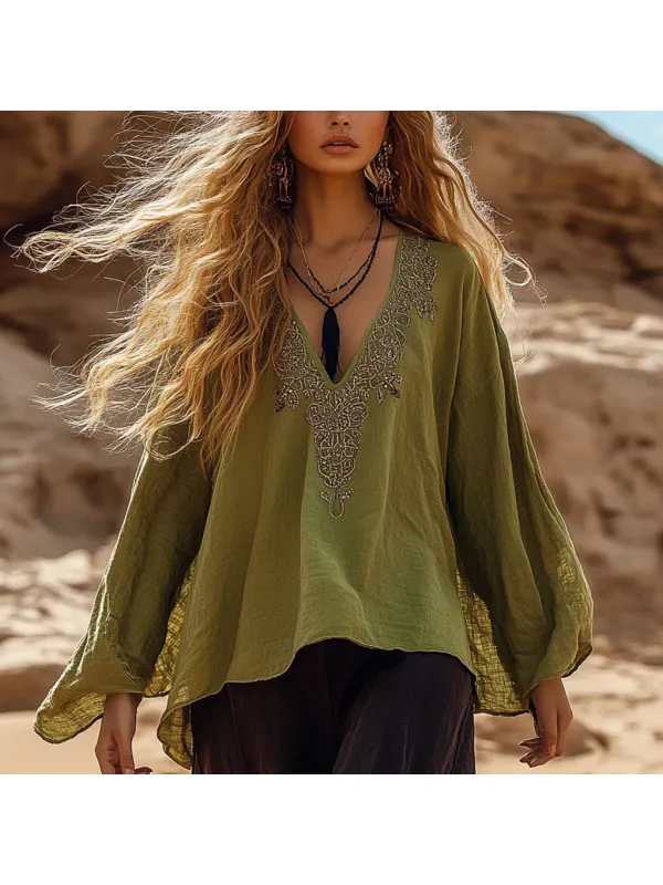 Desert Style Holiday Bohemian Vintage Linen Casual Top - Localziv.com 