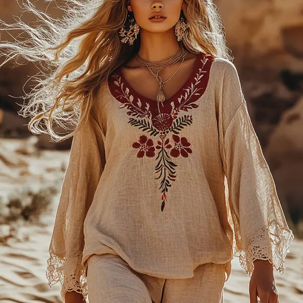 Desert Style Holiday Bohemian Vintage Linen Casual Top - Ootdyouth.com 