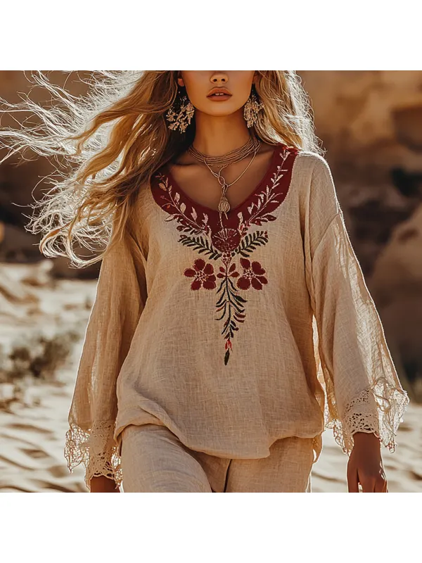 Desert Style Holiday Bohemian Vintage Linen Casual Top - Localziv.com 