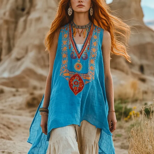 Desert Style Holiday Bohemian Vintage Linen Casual Top - Ootdyouth.com 