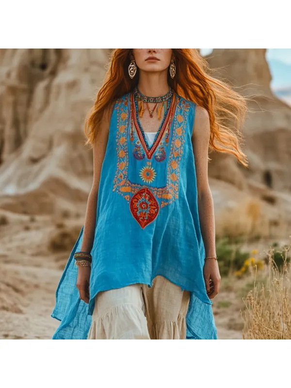 Desert Style Holiday Bohemian Vintage Linen Casual Top - Localziv.com 