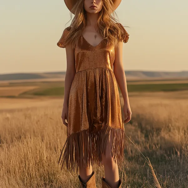 Golden Bohemian Fringe Dress In Sunset Field - Ootdyouth.com 