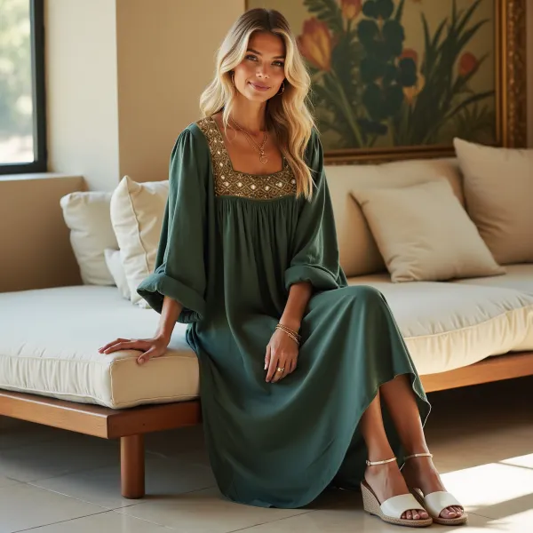 Ladies Casual Loose Embroidery Decoration Long Sleeve Long Dress - Ootdyouth.com 