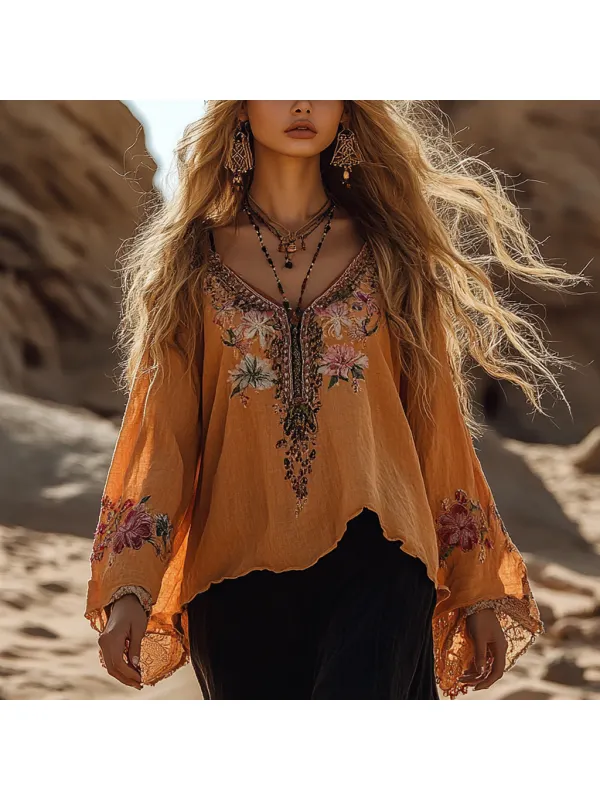 Desert Style Holiday Bohemian Vintage Linen Casual Top - Timetomy.com 
