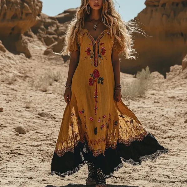 Desert Style Holiday Bohemian Vintage Linen Casual Dress - Spiretime.com 