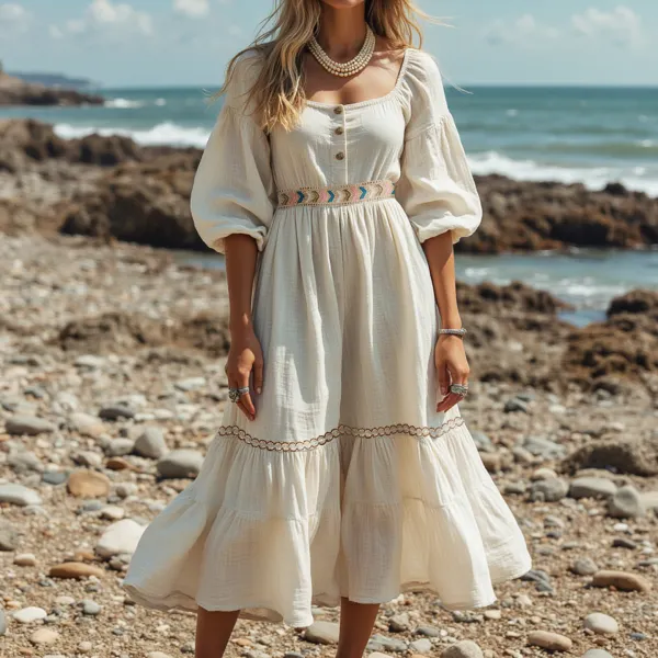 Women's Casual Vacation Seaside Cotton And Linen Puff Sleeve Long Dress - Ootdyouth.com 