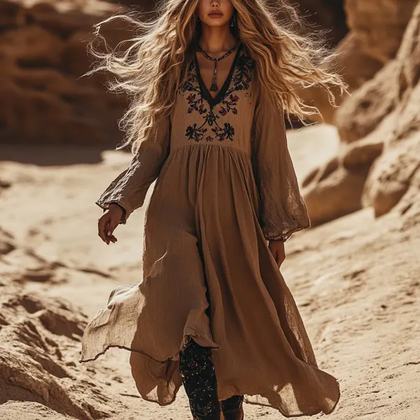 Desert Style Holiday Bohemian Vintage Linen Casual Dress - Ootdyouth.com 