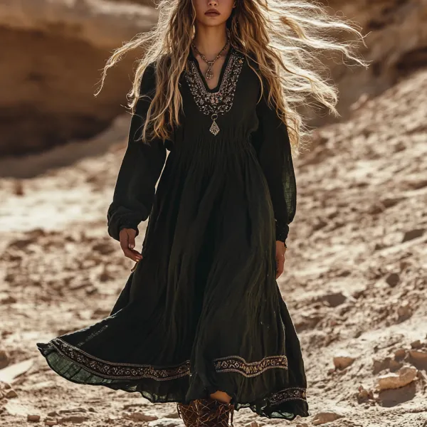 Desert Style Holiday Bohemian Vintage Linen Casual Dress - Ootdyouth.com 