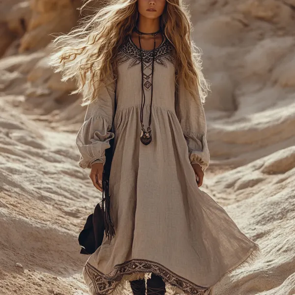 Desert Style Holiday Bohemian Vintage Linen Casual Dress - Ootdyouth.com 