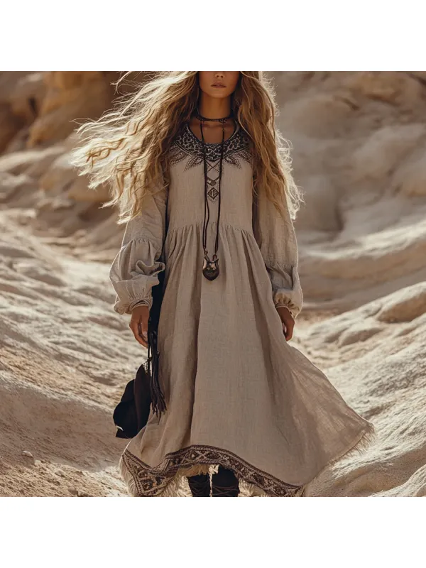 Desert Style Holiday Bohemian Vintage Linen Casual Dress - Localziv.com 