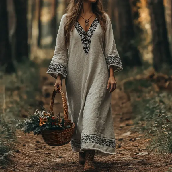 Vintage Viking Celtic Cotton Linen Crew Neck Mixi Dress - Ootdyouth.com 