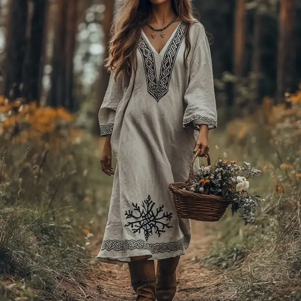 Vintage Viking Celtic Knot Cotton Linen Mixi Dress - Ootdyouth.com 