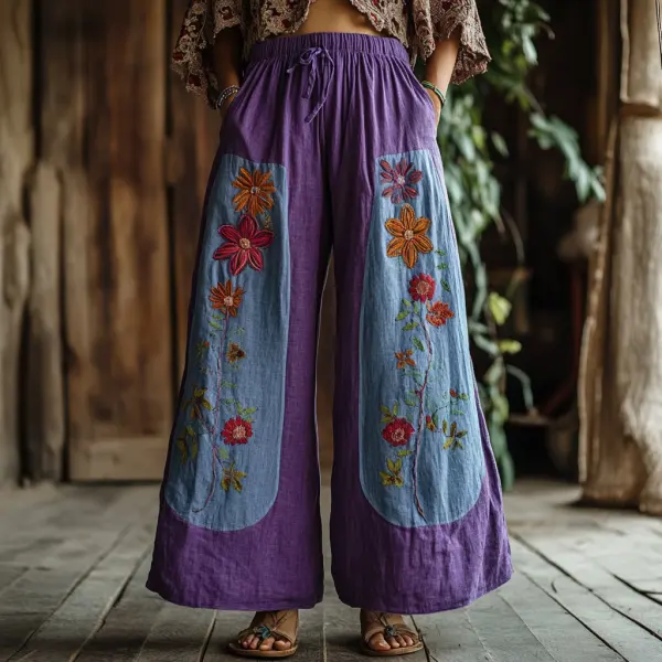 Bohemian Holiday Style Bohemian Floral Print Linen Long Loose Wide-leg Pants - Spiretime.com 