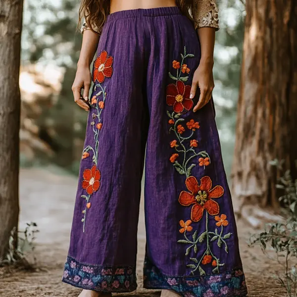 Holiday Style Linen Bohemian Floral Print Linen Long Loose Wide-leg Pants - Spiretime.com 