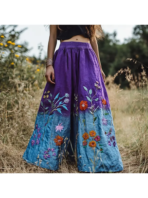 Vintage Floral Gradient Embroidery Pattern Art Printed Linen Blend Skirt - Ootdmw.com 