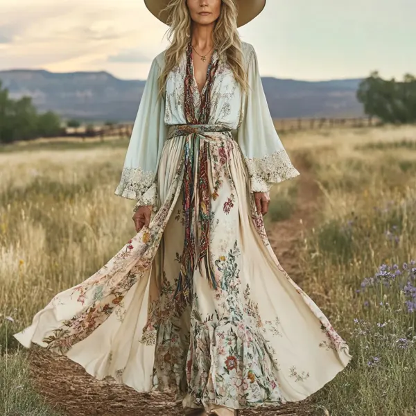 Women's Bohemian Floral Maxi Dress With Wide Brim Hat - Ootdyouth.com 