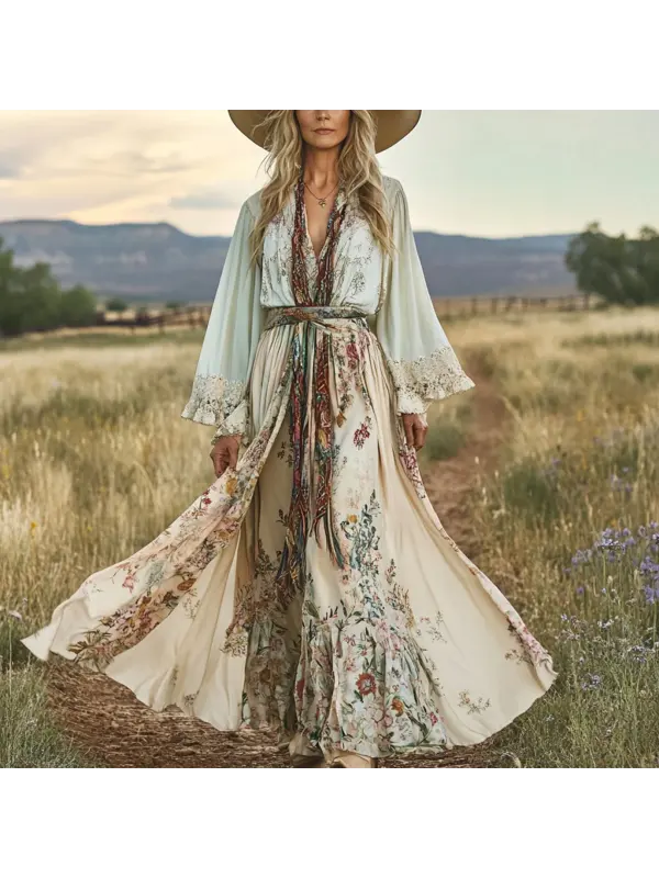 Women's Bohemian Floral Maxi Dress With Wide Brim Hat - Localziv.com 
