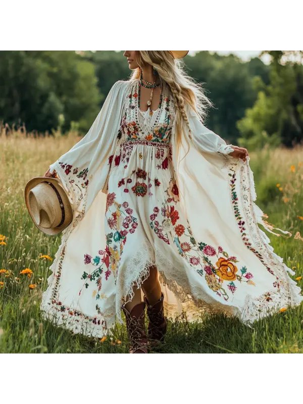 Women's Bohemian Floral Maxi Dress With Lace Details - Localziv.com 