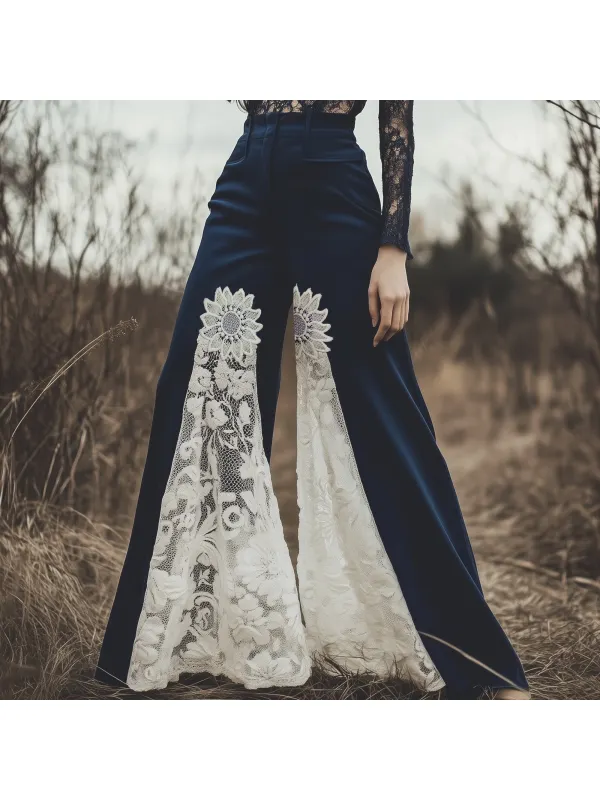 Women's Bohemian Retro Lace Stitching Wide Leg Pants - Ootdmw.com 