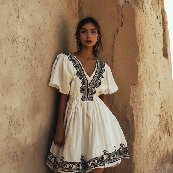 Women's Bohemian Retro Embroidered Lace Decorated Dress - Ootdyouth.com 