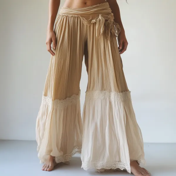 Women's Bohemian Retro Cotton And Linen Lace Stitching Wide Leg Pants - Spiretime.com 