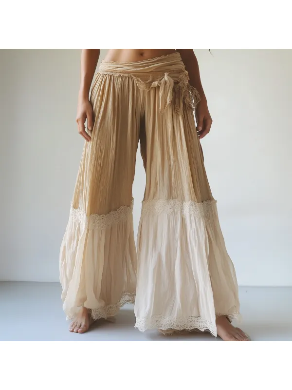 Women's Bohemian Retro Cotton And Linen Lace Stitching Wide Leg Pants - Ootdmw.com 