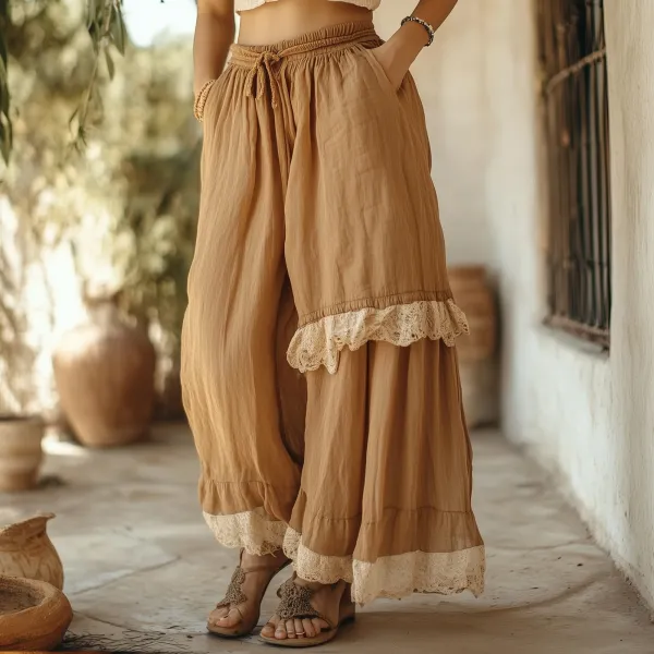 Women's Bohemian Retro Cotton And Linen Lace Stitching Wide Leg Pants - Spiretime.com 