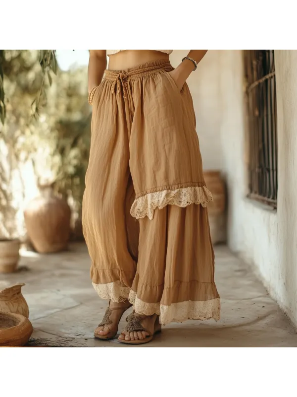 Women's Bohemian Retro Cotton And Linen Lace Stitching Wide Leg Pants - Ootdmw.com 