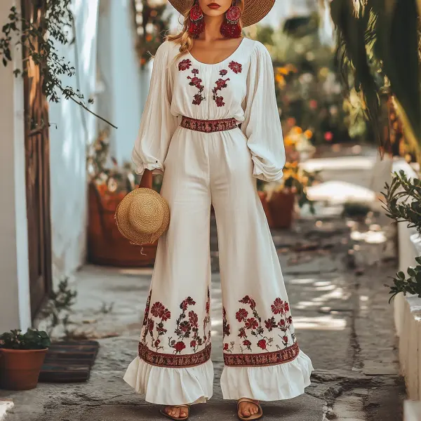 Elegant And Fashionable Bohemian Floral Print Wide-Leg Jumpsuit - Spiretime.com 