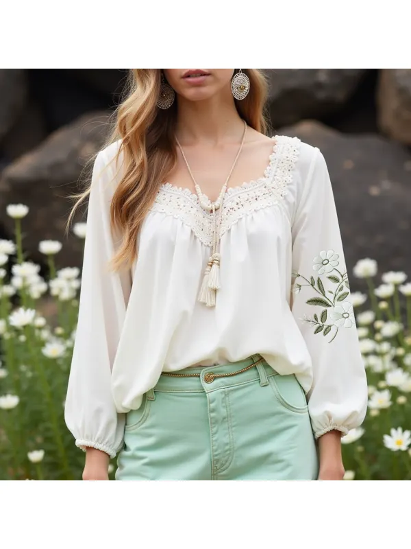 Women's Elegant Flower Embroidered Long Sleeve Shirt - Ootdmw.com 